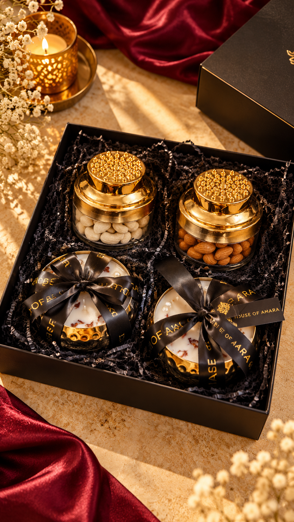 House of Amara Festive Indulgence Hamper | Luxury Candles & Dry Fruits Gift Set